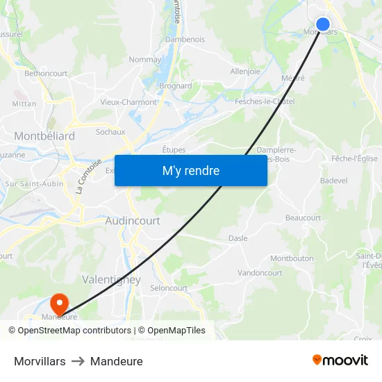 Morvillars to Mandeure map