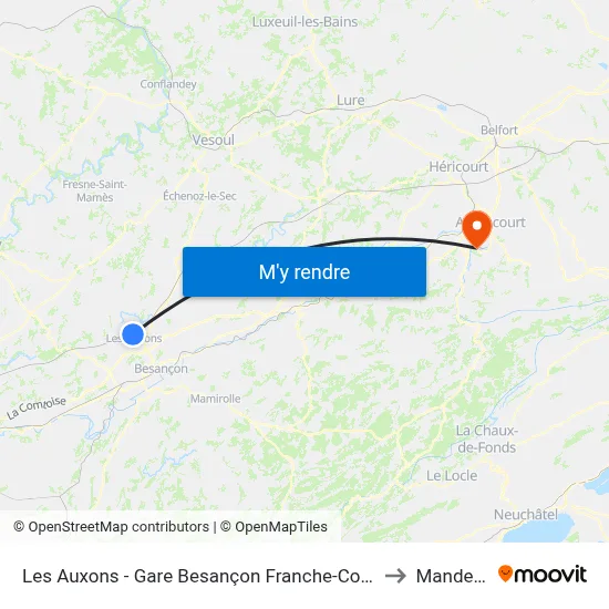 Les Auxons - Gare Besançon Franche-Comté Tgv to Mandeure map
