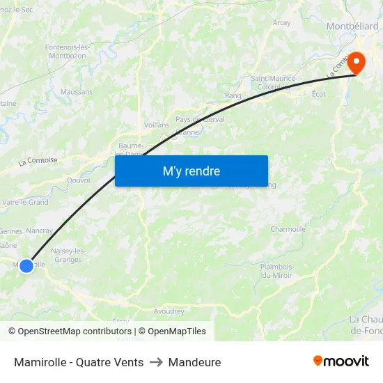 Mamirolle - Quatre Vents to Mandeure map