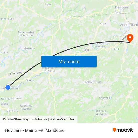 Novillars - Mairie to Mandeure map