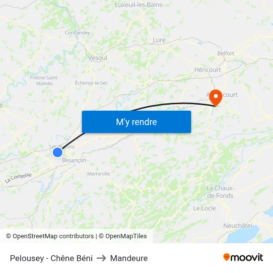 Pelousey - Chêne Béni to Mandeure map