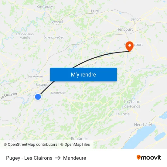 Pugey - Les Clairons to Mandeure map