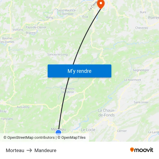 Morteau to Mandeure map