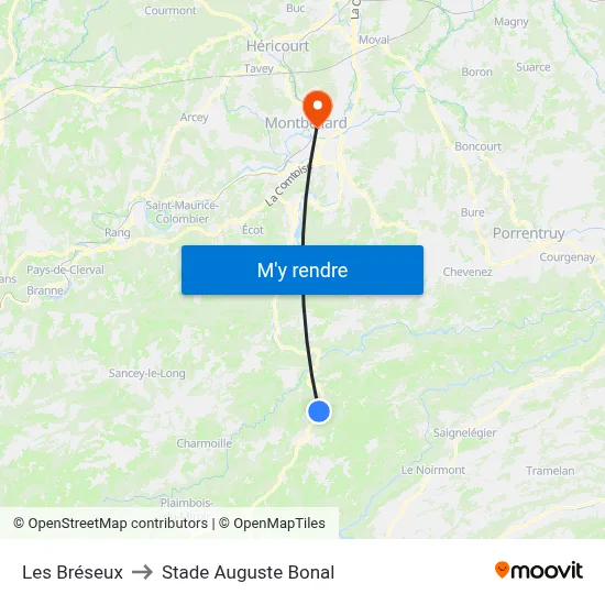 Les Bréseux to Stade Auguste Bonal map