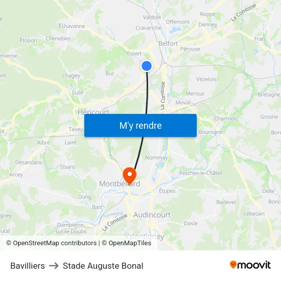Bavilliers to Stade Auguste Bonal map