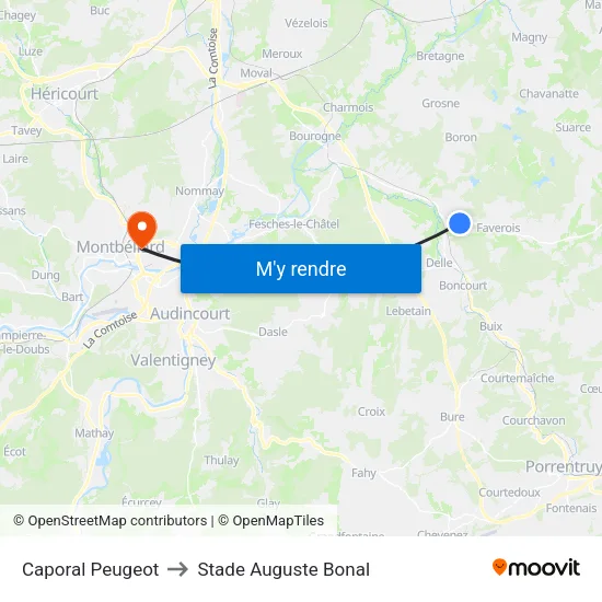 Caporal Peugeot to Stade Auguste Bonal map