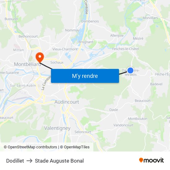 Dodillet to Stade Auguste Bonal map