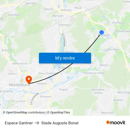 Espace Gantner to Stade Auguste Bonal map
