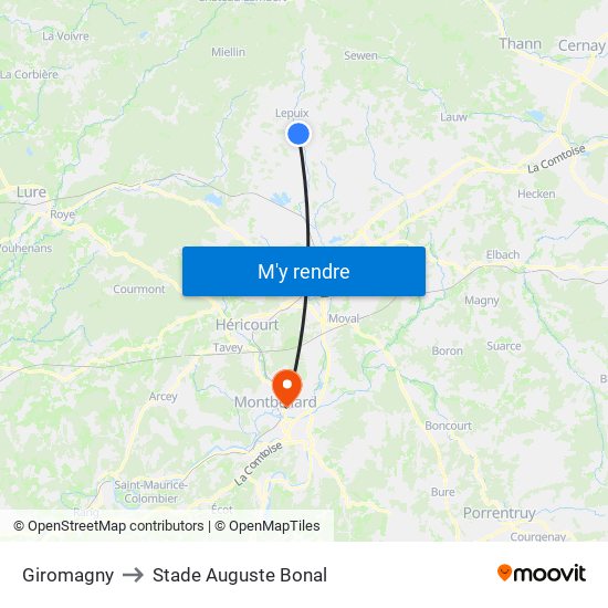 Giromagny to Stade Auguste Bonal map