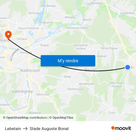 Lebetain to Stade Auguste Bonal map