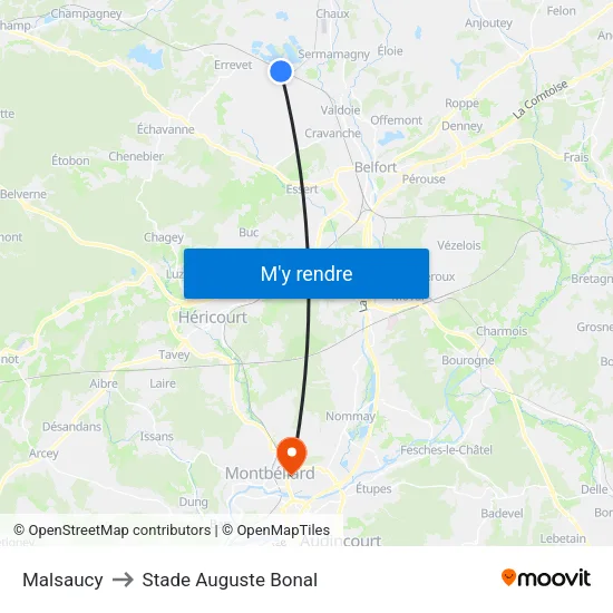 Malsaucy to Stade Auguste Bonal map