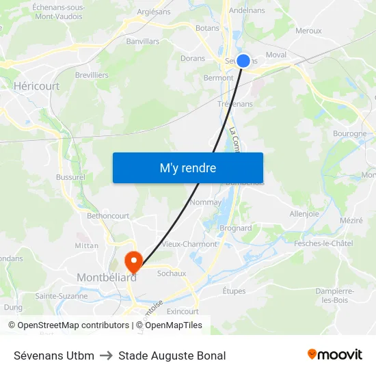 Sévenans Utbm to Stade Auguste Bonal map