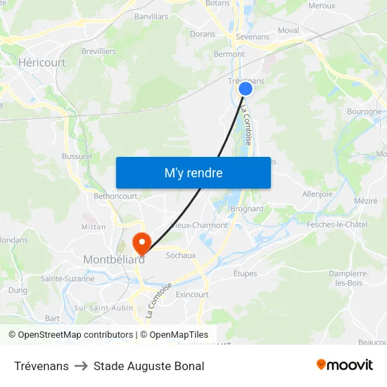 Trévenans to Stade Auguste Bonal map