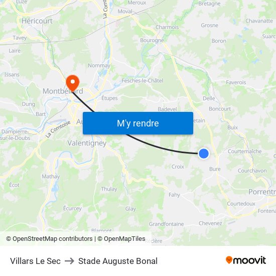 Villars Le Sec to Stade Auguste Bonal map