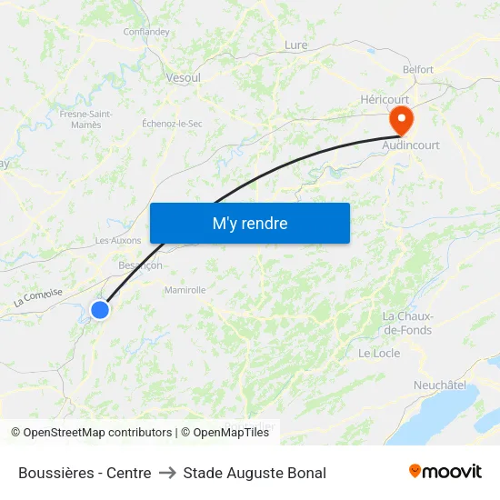 Boussières - Centre to Stade Auguste Bonal map
