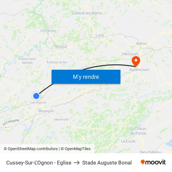 Cussey-Sur-L'Ognon - Eglise to Stade Auguste Bonal map