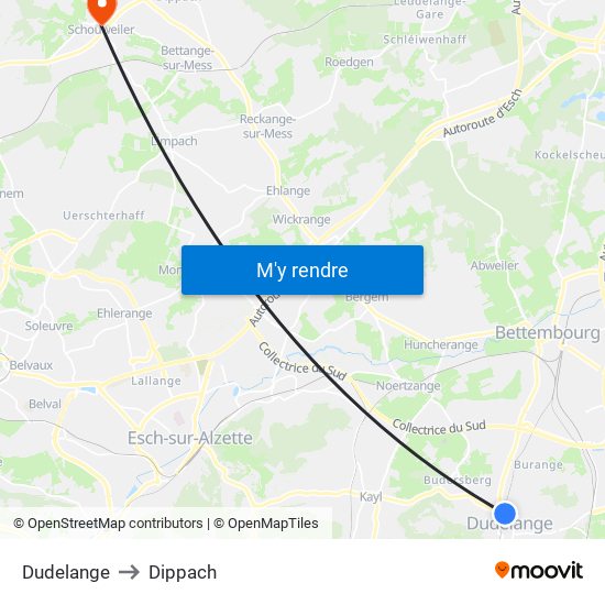 Dudelange to Dippach map