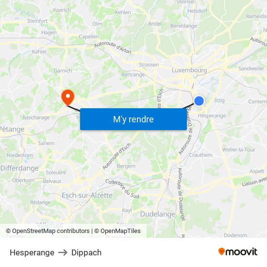 Hesperange to Dippach map