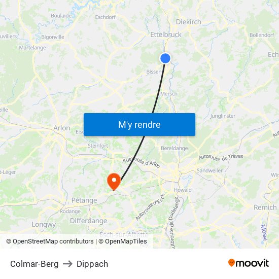 Colmar-Berg to Dippach map