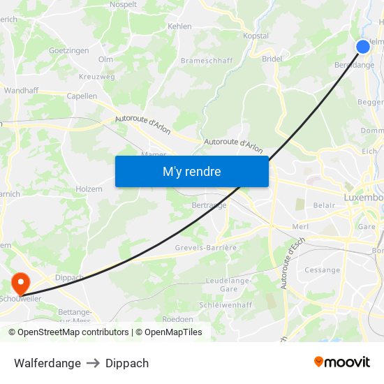 Walferdange to Dippach map