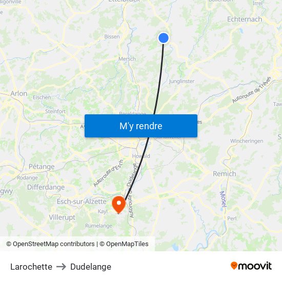 Larochette to Dudelange map