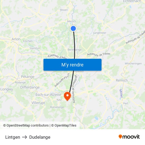 Lintgen to Dudelange map