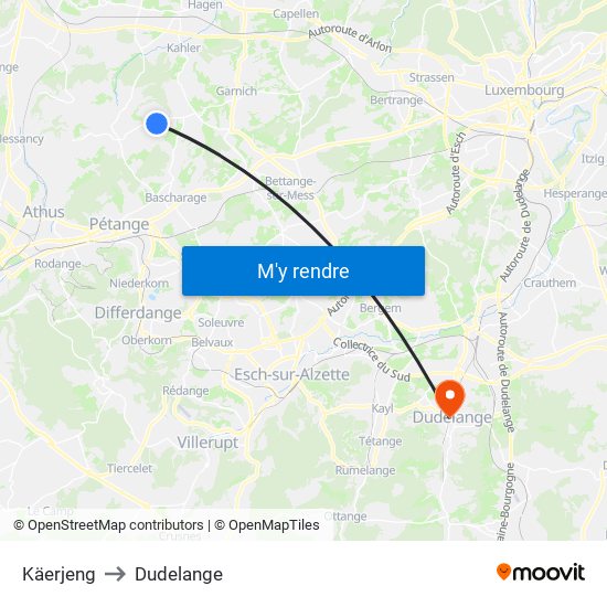 Käerjeng to Dudelange map