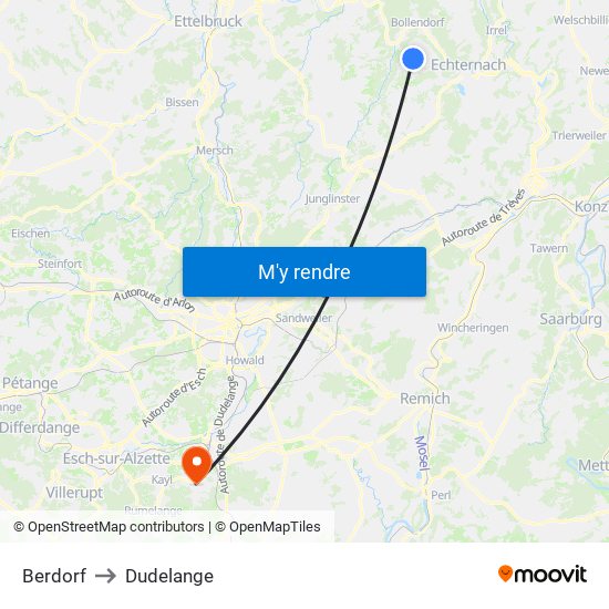 Berdorf to Dudelange map