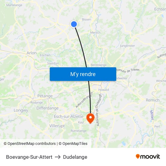 Boevange-Sur-Attert to Dudelange map