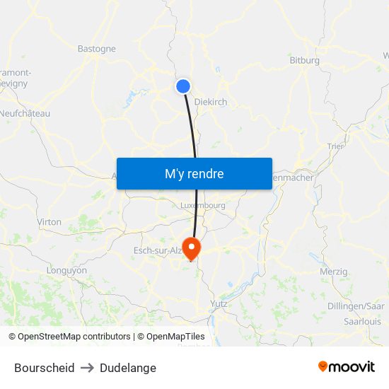 Bourscheid to Dudelange map