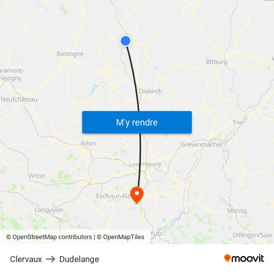 Clervaux to Dudelange map