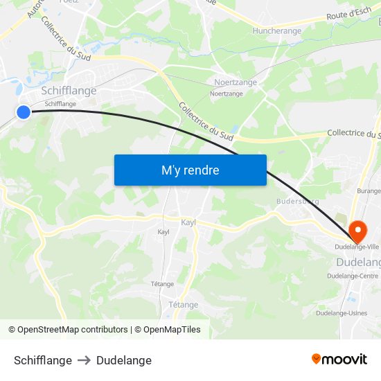 Schifflange to Dudelange map