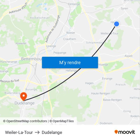 Weiler-La-Tour to Dudelange map