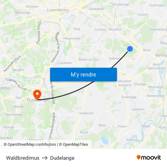 Waldbredimus to Dudelange map