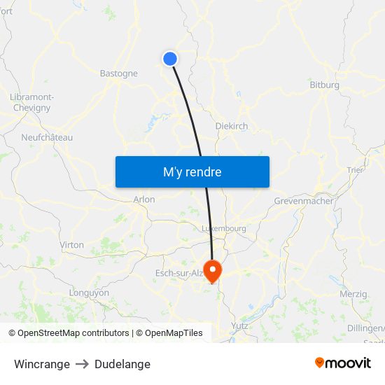 Wincrange to Dudelange map