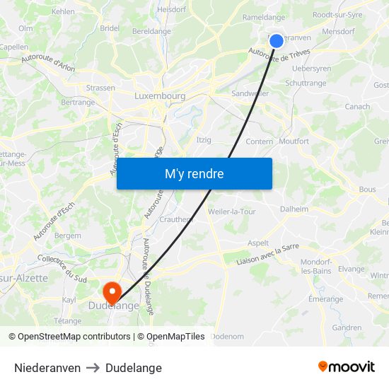 Niederanven to Dudelange map