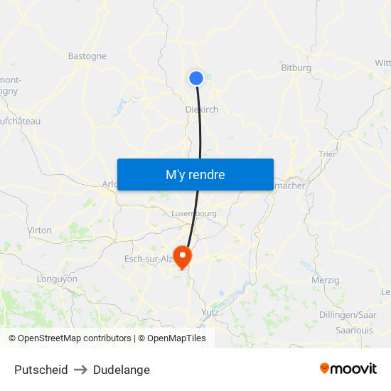 Putscheid to Dudelange map