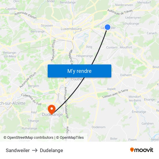 Sandweiler to Dudelange map