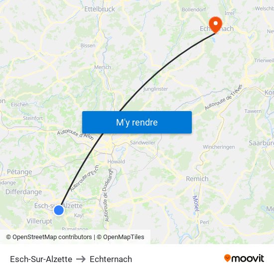 Esch-Sur-Alzette to Echternach map