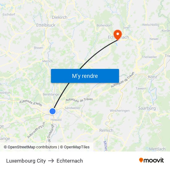 Luxembourg City to Echternach map
