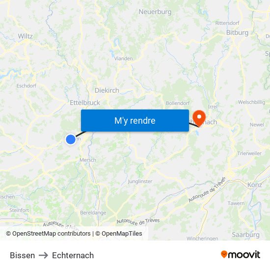 Bissen to Echternach map