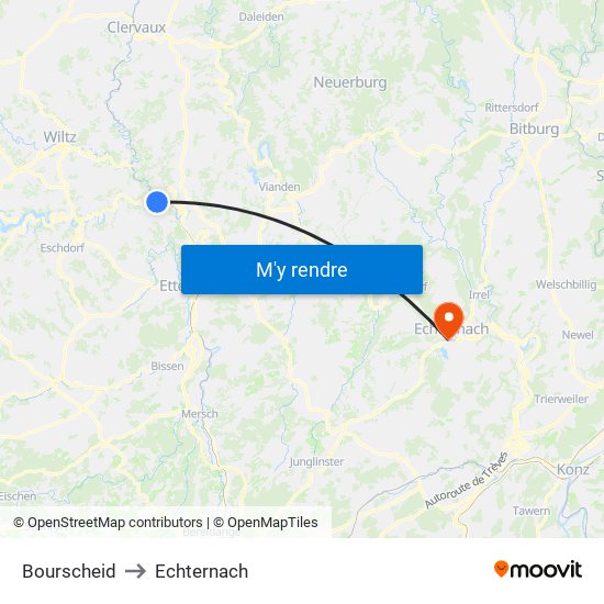 Bourscheid to Echternach map