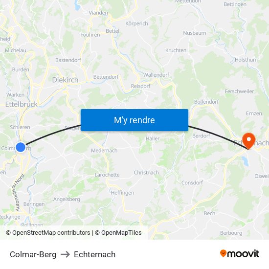 Colmar-Berg to Echternach map