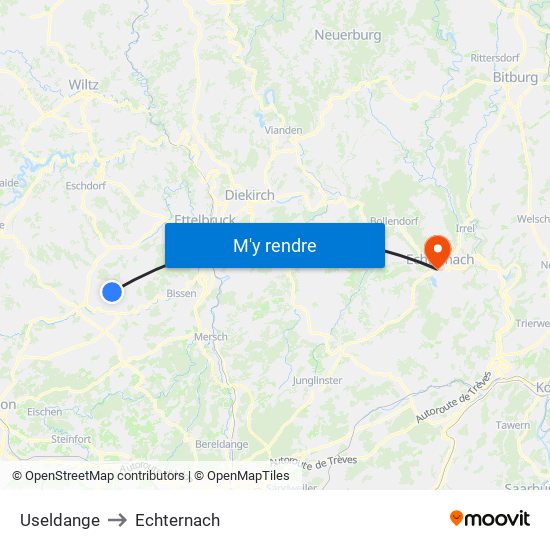 Useldange to Echternach map