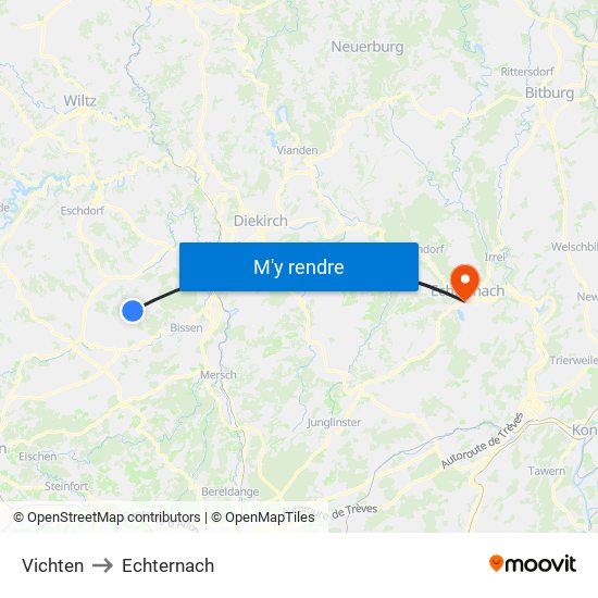 Vichten to Echternach map
