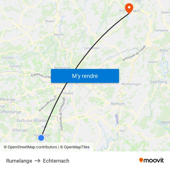Rumelange to Echternach map