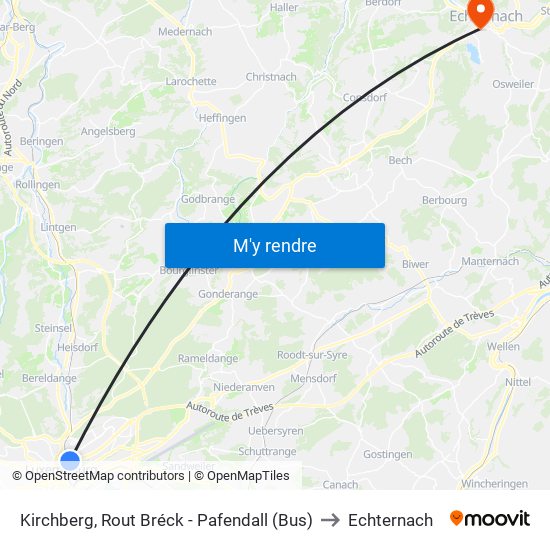 Kirchberg, Rout Bréck - Pafendall (Bus) to Echternach map