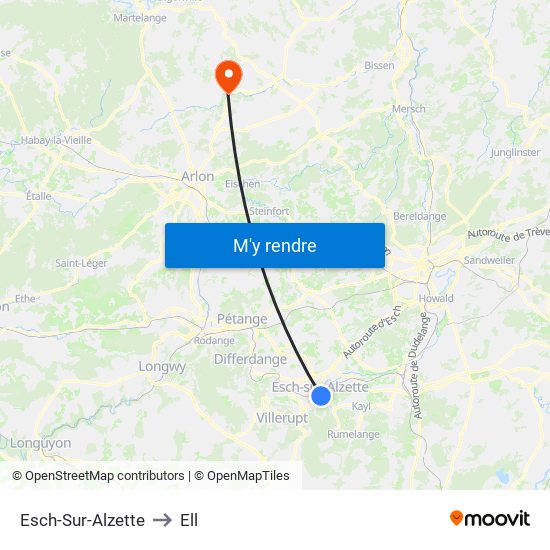 Esch-Sur-Alzette to Ell map