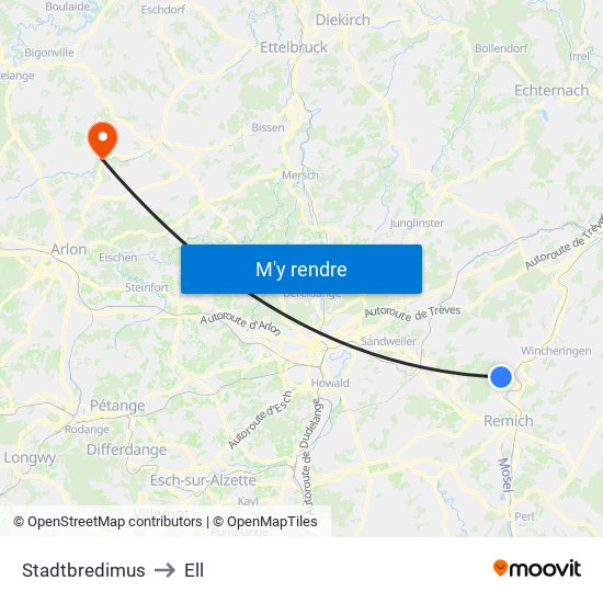 Stadtbredimus to Ell map