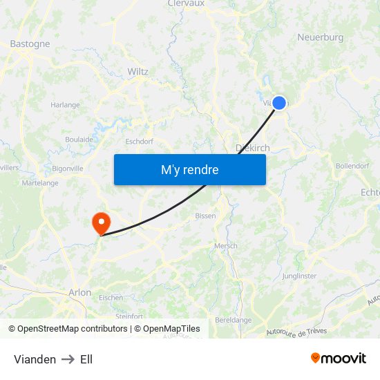 Vianden to Ell map